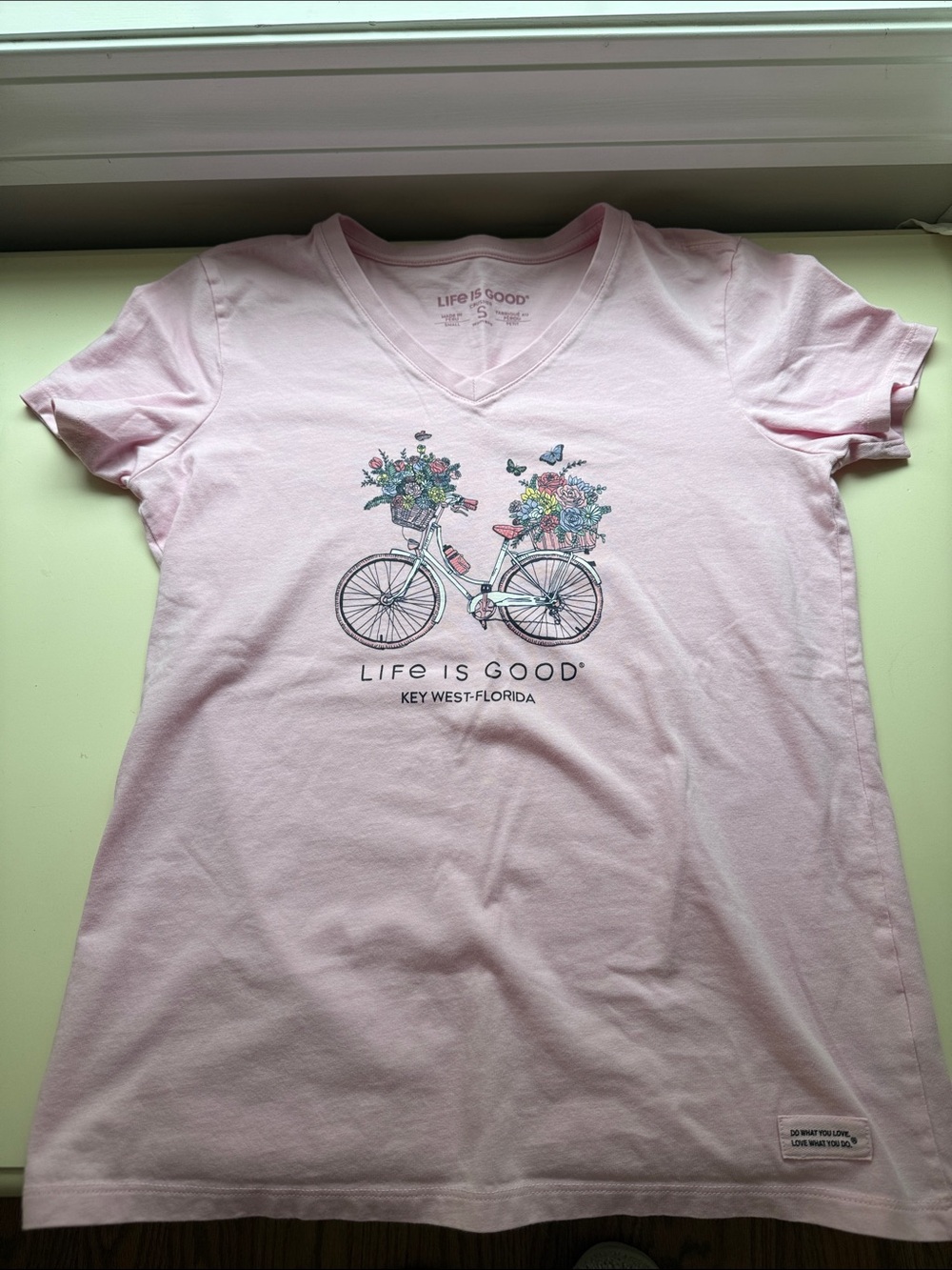 Life Is Good Light Pink V-Neck Tee with Floral Bicycle Art